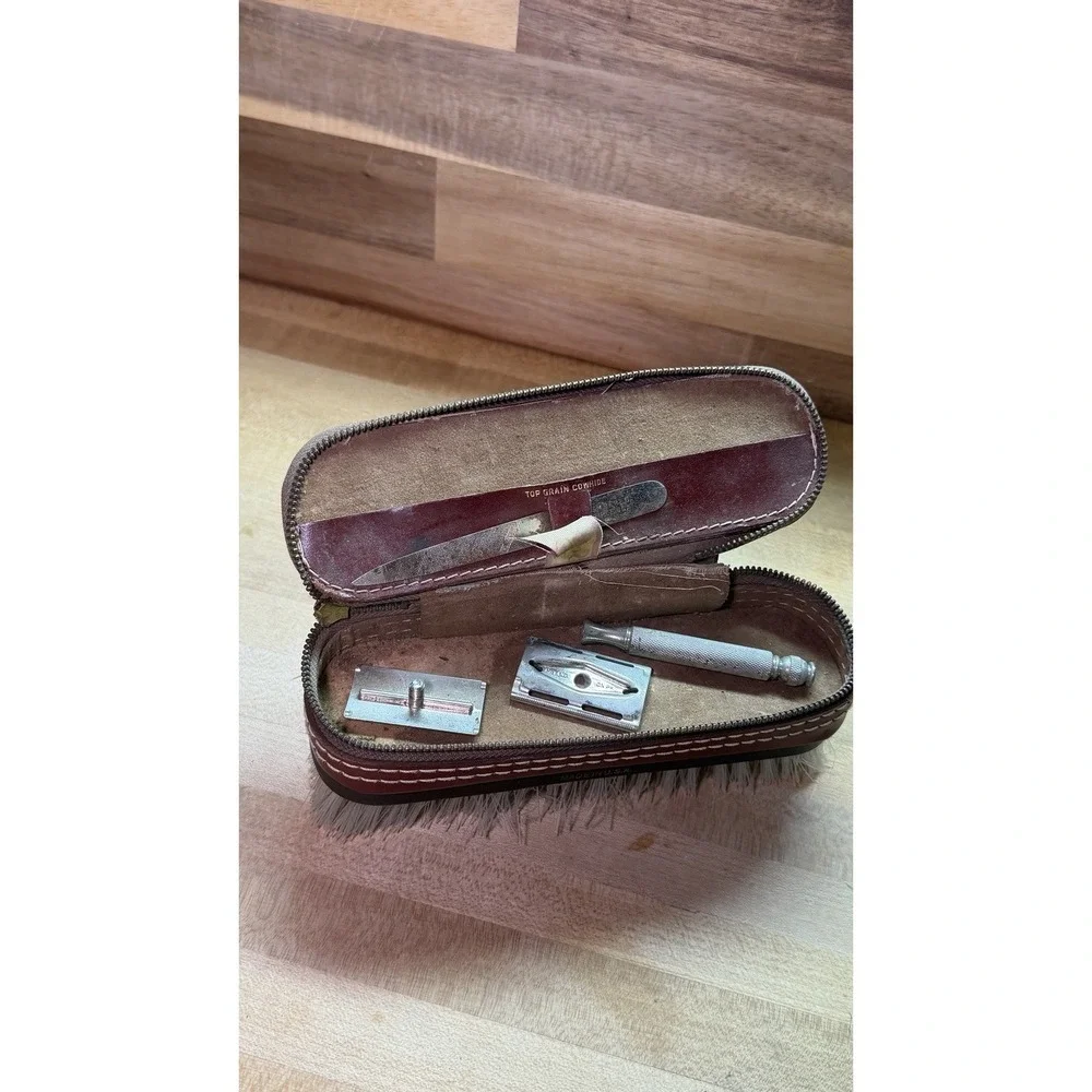 Vintage Leather Travel Grooming Kit Shoe Brush Set File Razor 1950s